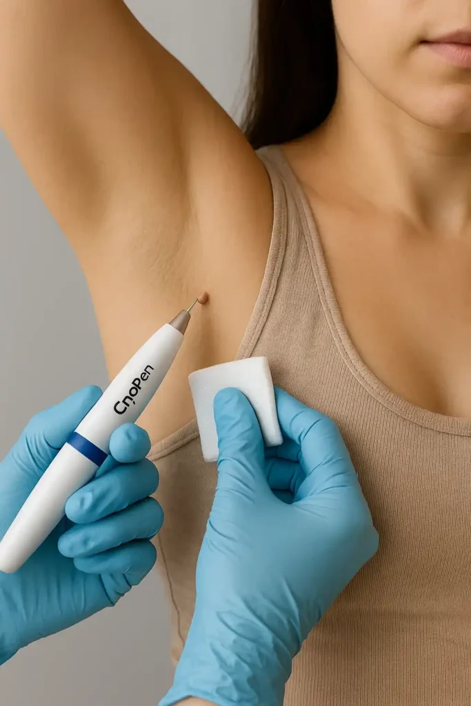 woman having cryopen to remove underarm skin tags Lutterworth