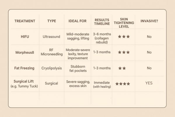 Table showing the comparisons of Skin tightening Lutterworth treatment options.